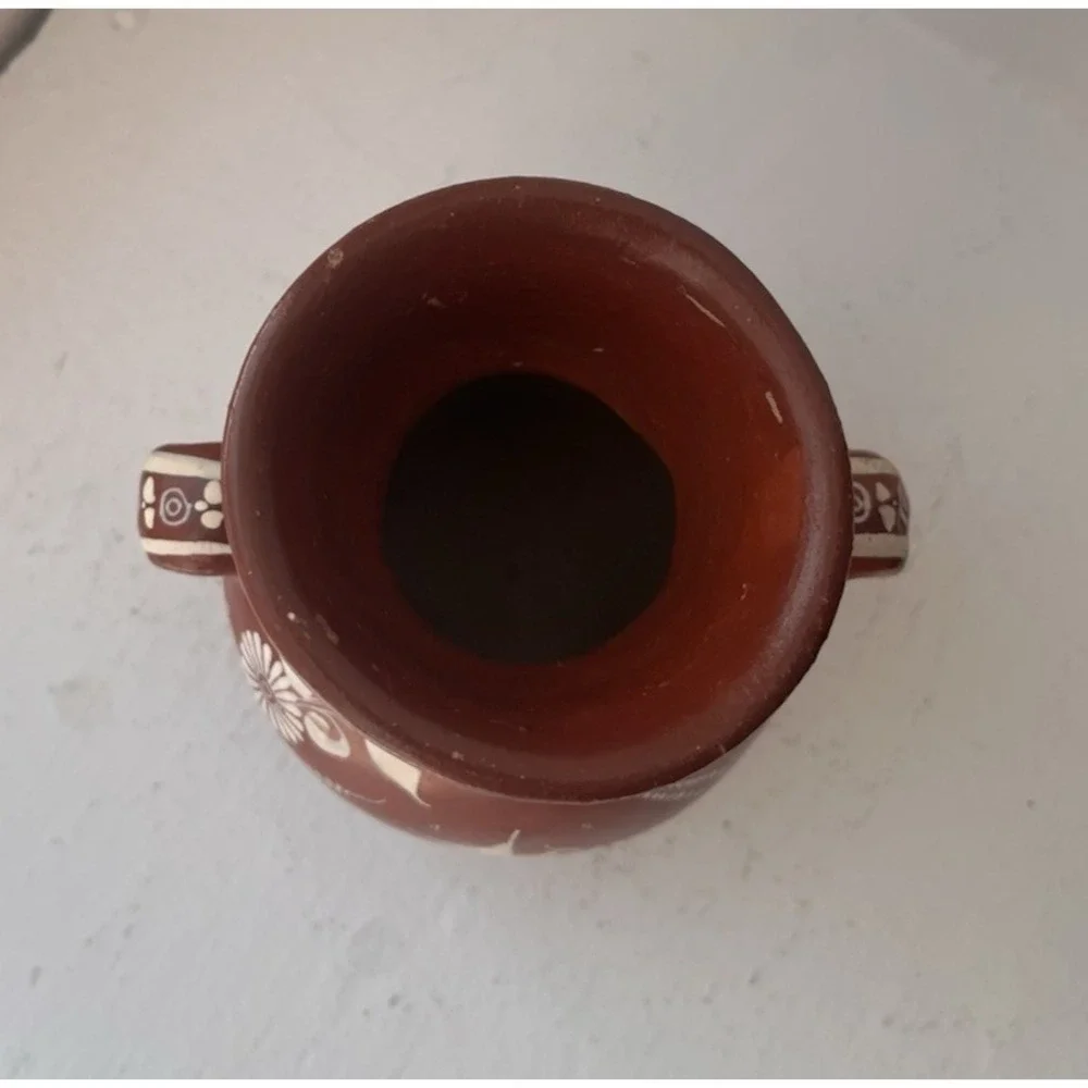 Vintage Handmade Mexican Pottery Vase Bird Flower Deer Signed J.‎ Pila Red Clay
